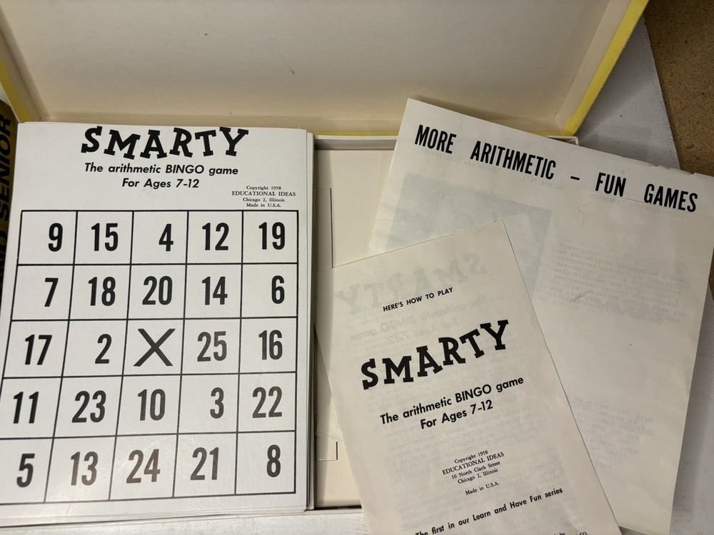 1958 MATHEMATICS EDUCATIONAL GAME -- SMARTY -- Arithmetic BINGO