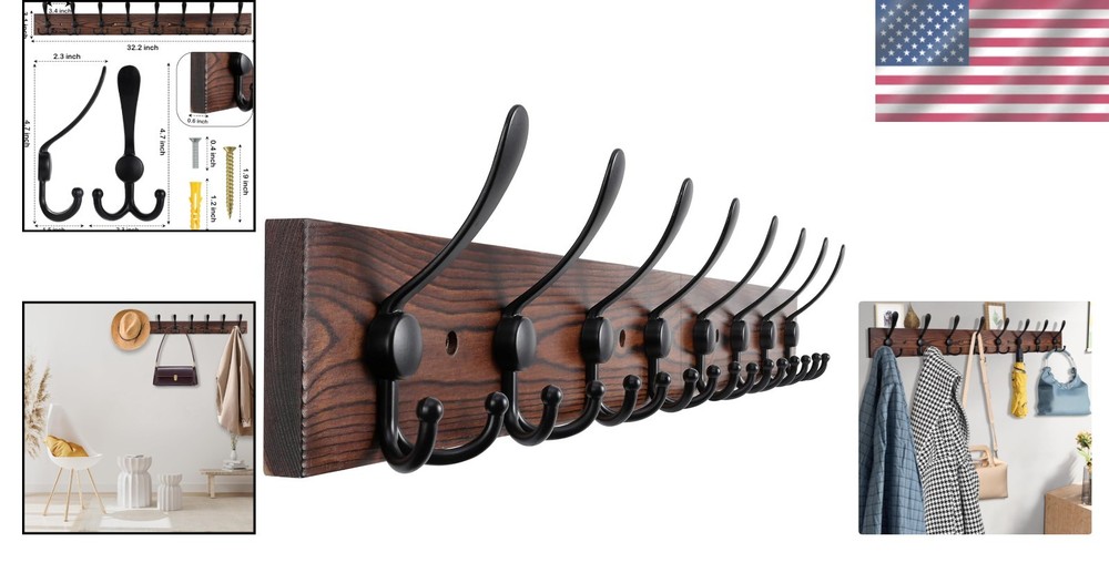 Chic Wall-Mount Coat Rack 32.2'' with 8 Functional Triple Hooks in Rustic Style