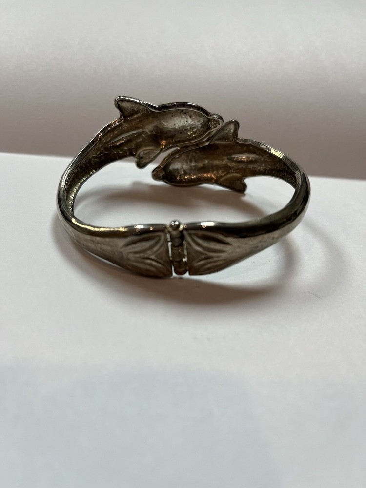 VINTAGE DUAL SILVER PLATED DOLPHIN HINGED CUFF BRACELET