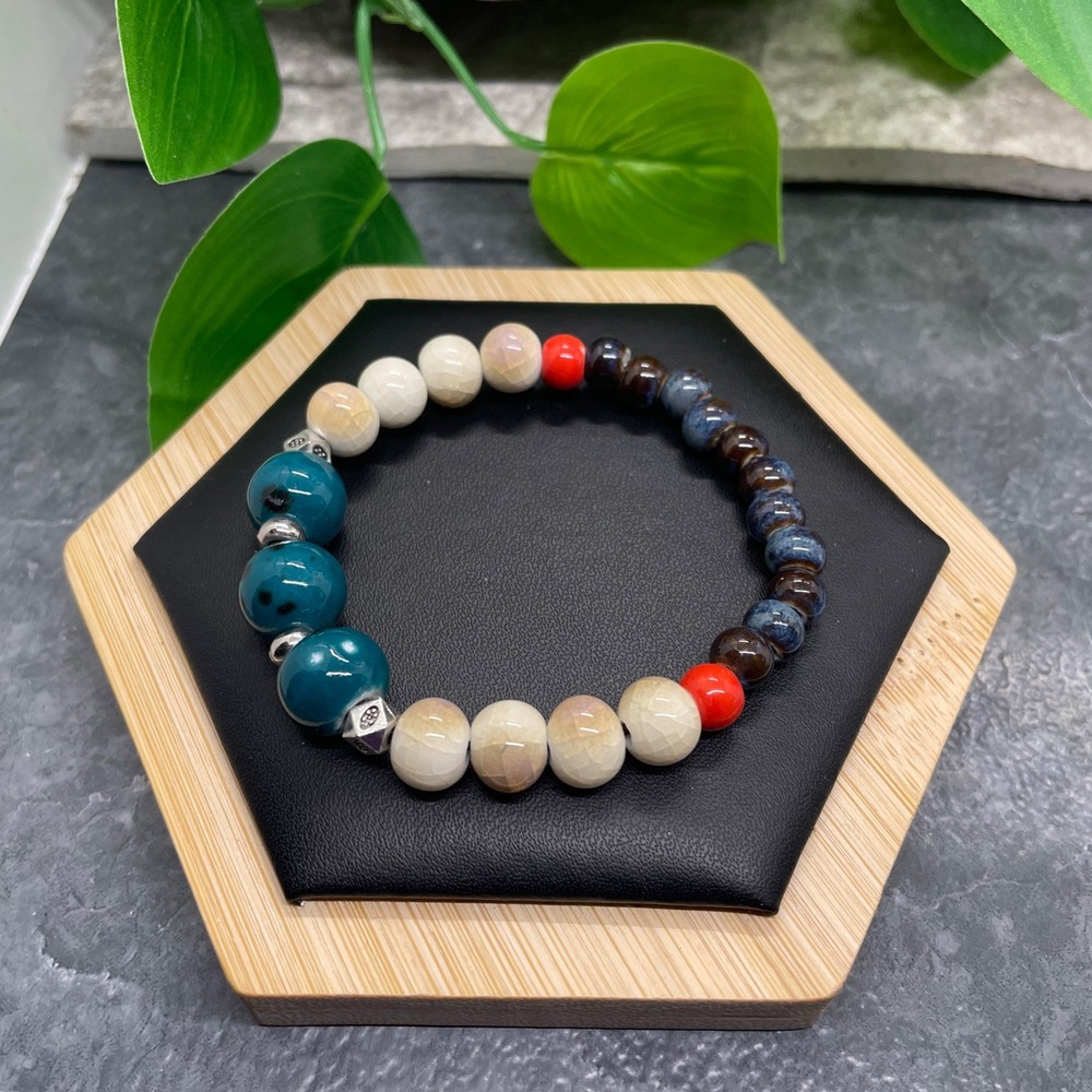 Handmade Ceramic Bead Beaded Stackable 6” Plus Stretch Bracelet New B435