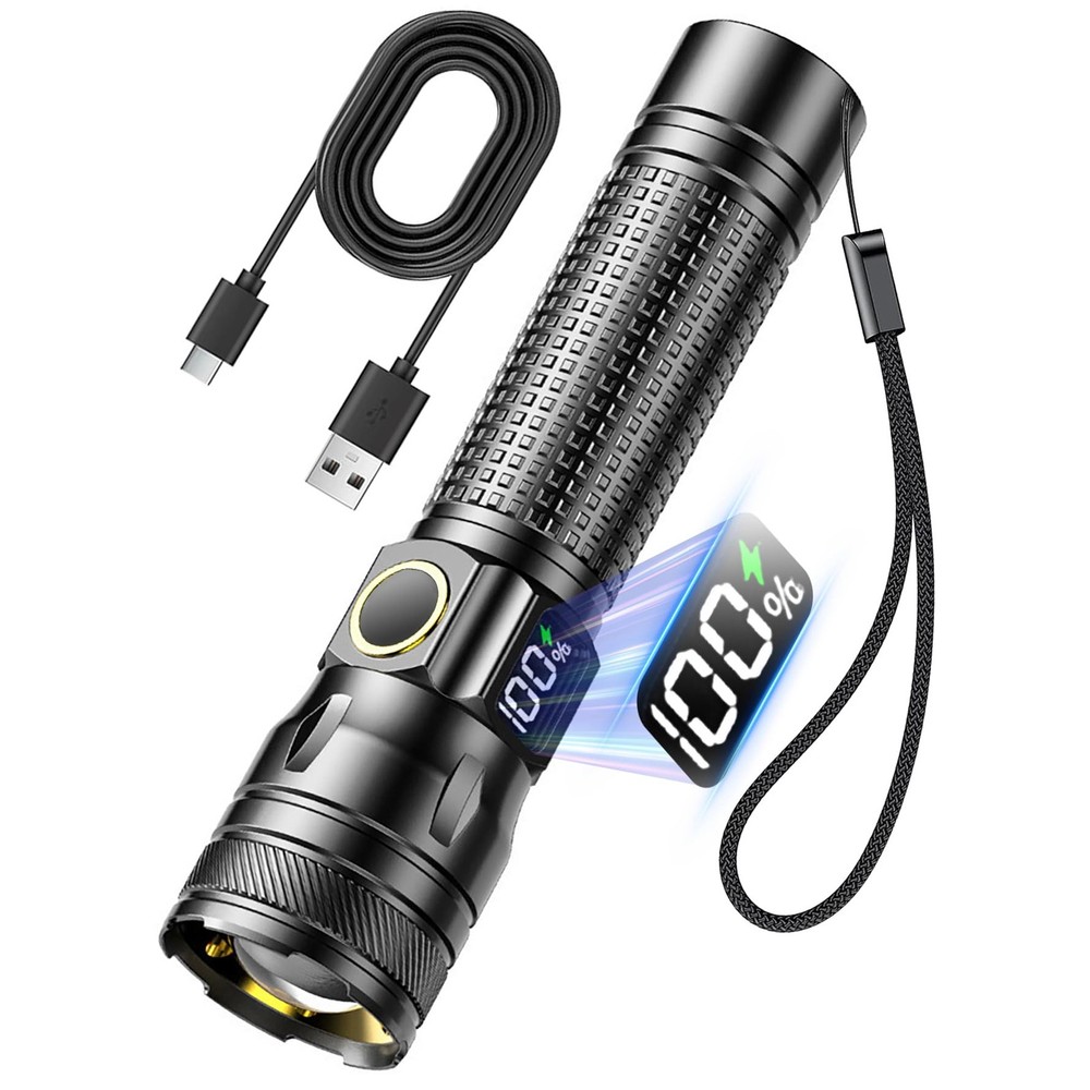 Gotellx Rechargeable LED Flashlights with Digital Power Display, Small, Black