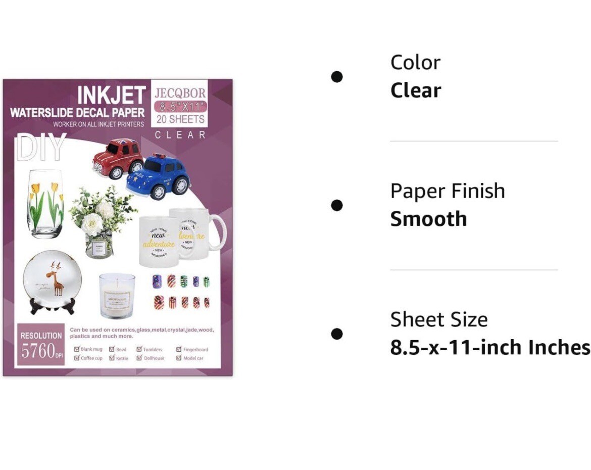Waterslide Decal Paper Inkjet CLEAR 20 Sheets 8.5x11 Water Slide Transfer Paper