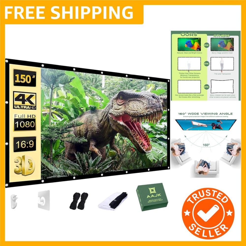 Outdoor Projector Screen 150 inch, Washable Projector Screen 16:9 Foldable An...