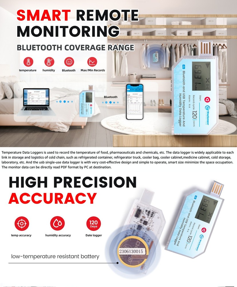 2Pcs Data Logger, Temperature and Humidity with LCD, USB, Bluetooth & App