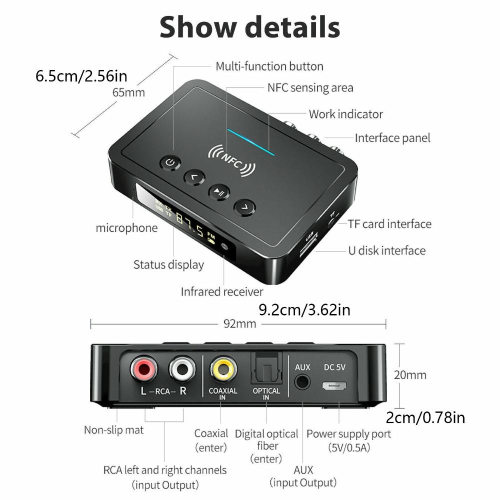 DC 5V Play&Plug AUX/RCA/Optical/Coaxial Bluetooth Receiver Adapter Support NFC
