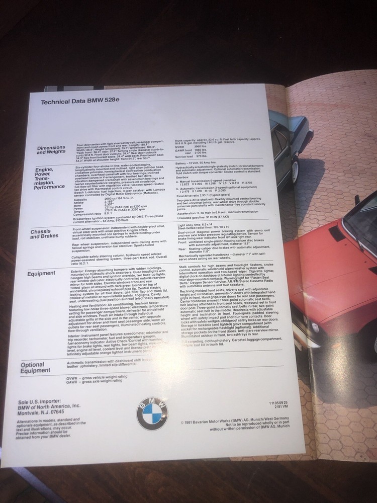 1981 BMW 528E CAR BROCHURE