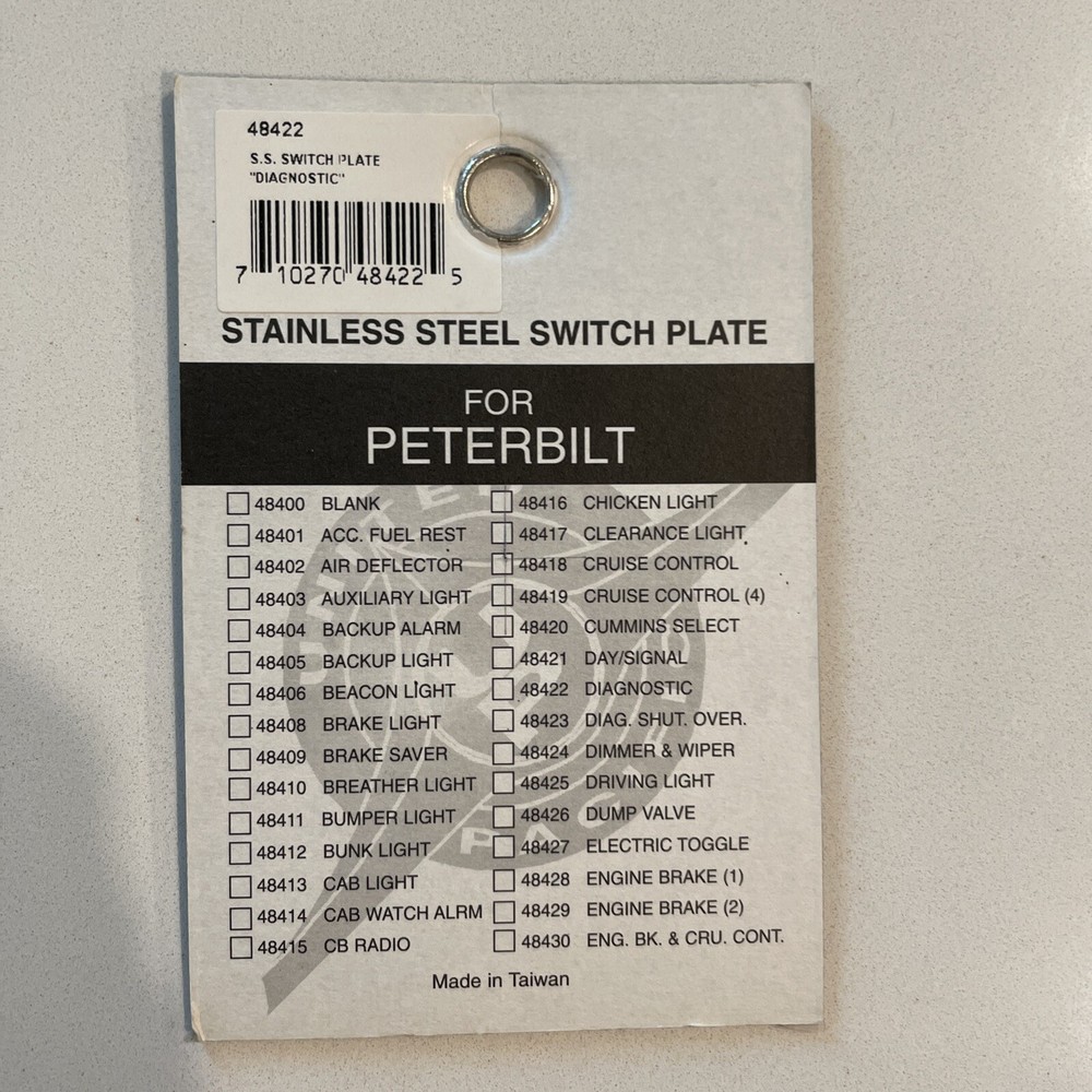 UP Toggle Switch Plate for Peterbilt Diagnostic Stainless Etched Script #48422