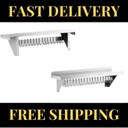 12" x 36" Stainless Steel Wall Pot Pan Rack Shelf 18 Hook Commercial Kitchen NSF