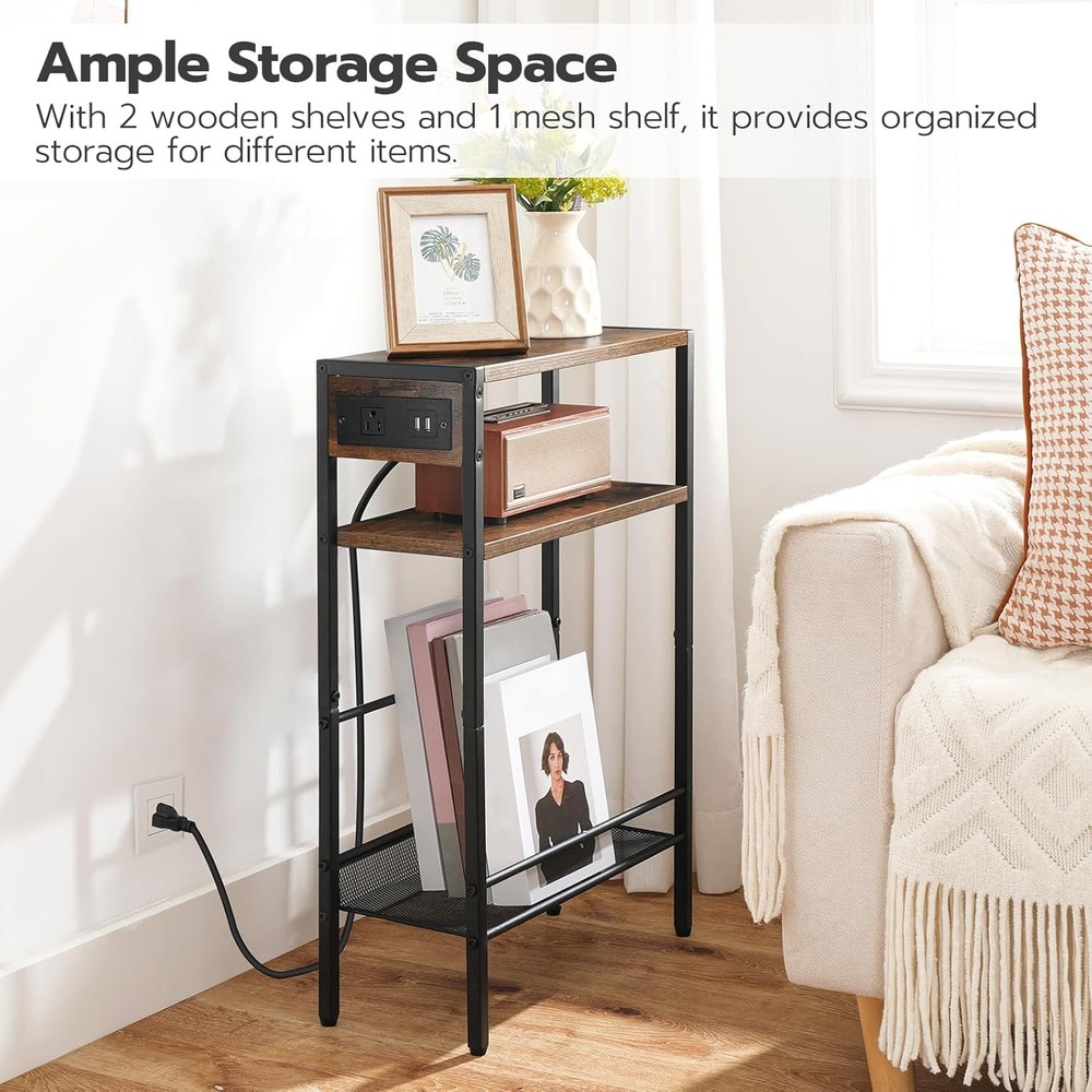 HOOBRO Small Narrow Side Table with Charging Station, Rustic Brown + Black