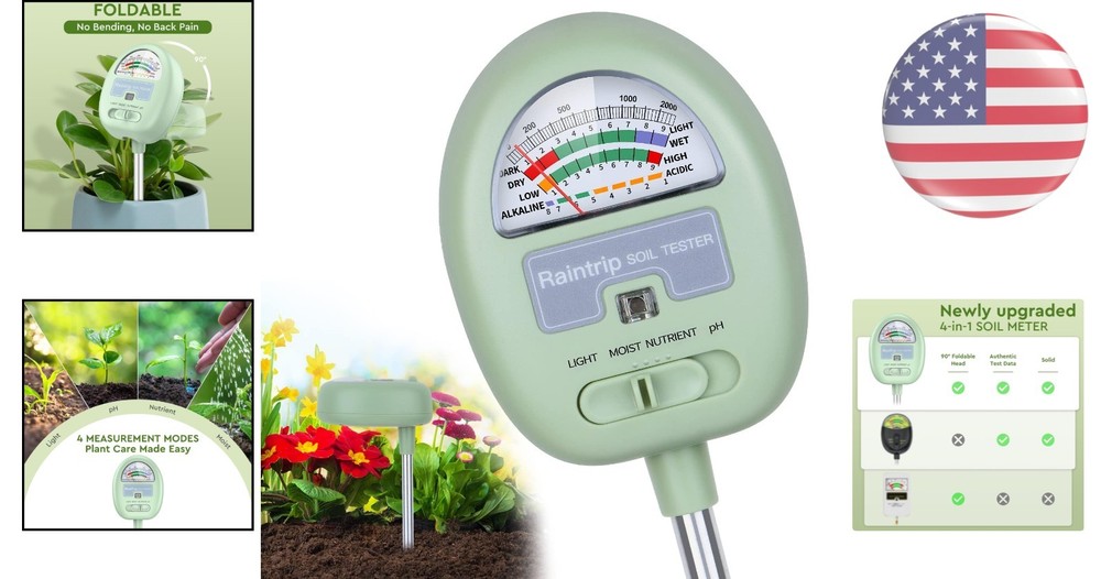 4-in-1 Soil Moisture Meter: pH, Light & Nutrient Tester - No Battery Needed