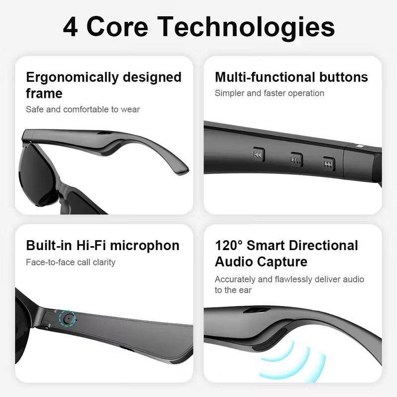 2 in 1 Bluetooth Audio Smart Glasses Wireless Headset USB-C Rechargeable