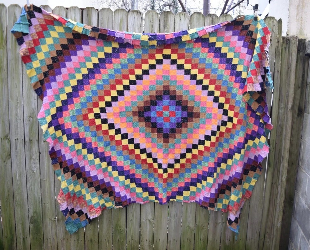Vintage Patchwork Quilt Postage Stamp Square Diamond Pattern Hand Sewn 72x57
