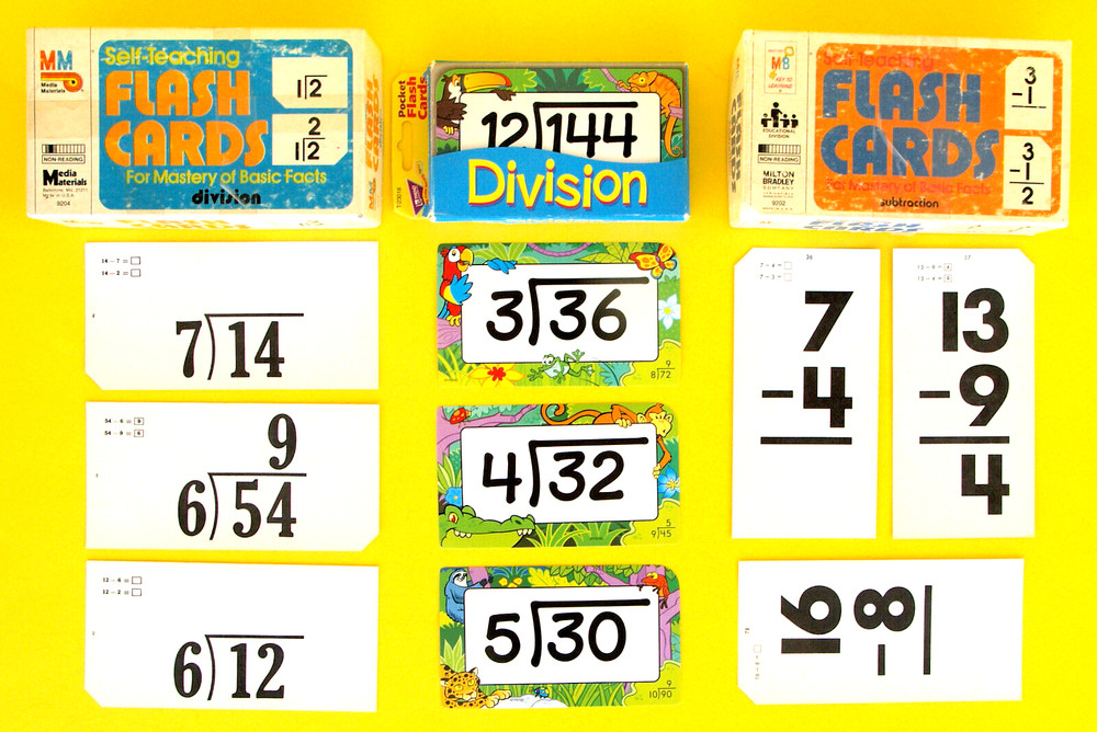 3 MATH FLASH CARDS—SUBTRACT + DIVISION—BASIC FACTS—COLORFUL—STORAGE BOXES