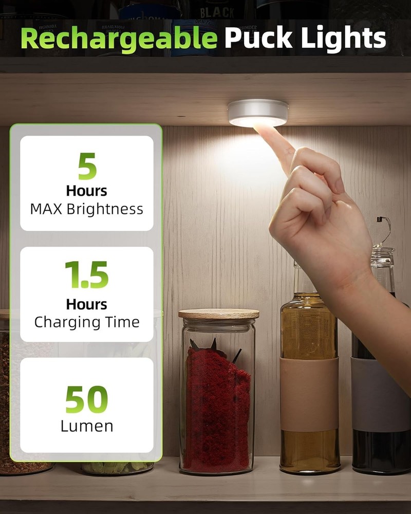 Compact 2.5'' Rechargeable LED Puck Lights - Wireless Touch & Remote Control