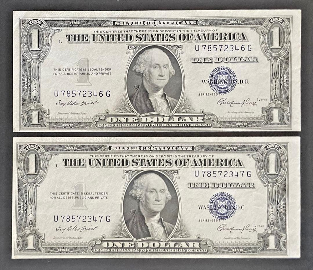 LOT of 2 1935 E US $1 SILVER CERTIFICATE Consecutive Serial #s ERRORS