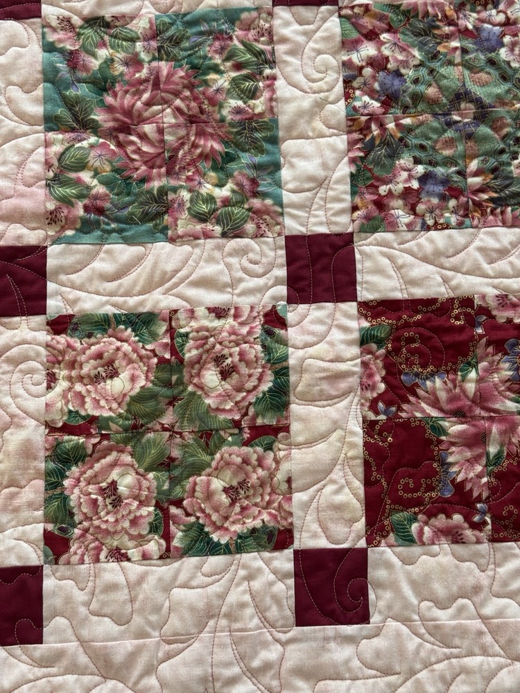 Stack n' Whack Handmade Quilt Sashed Square Blocks Cornerstone Floral Red Pink