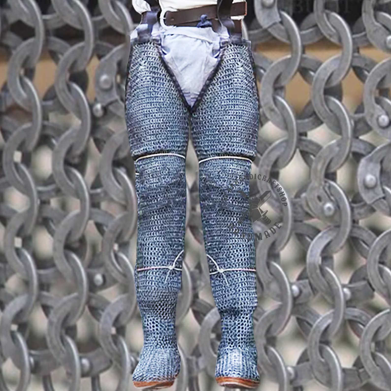 Chainmail Chausses – 9mm Flat Riveted Solid Ring Leggings with Leather Trim