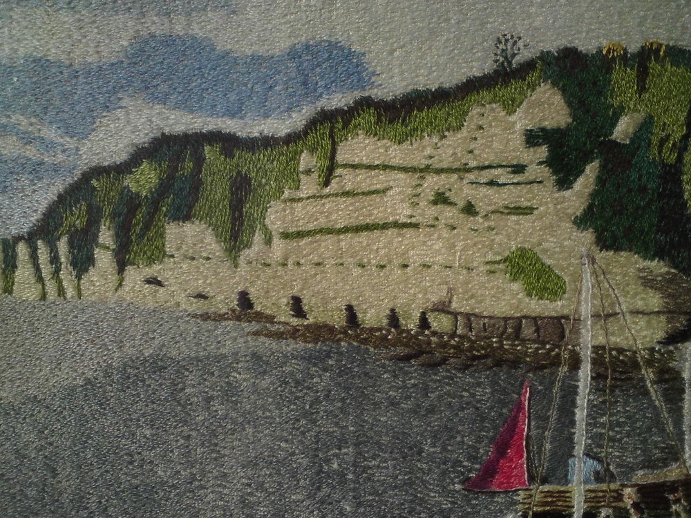 Framed Embroidery Needlework / Wool-work Picture - Beer Harbour, Seaton Devon
