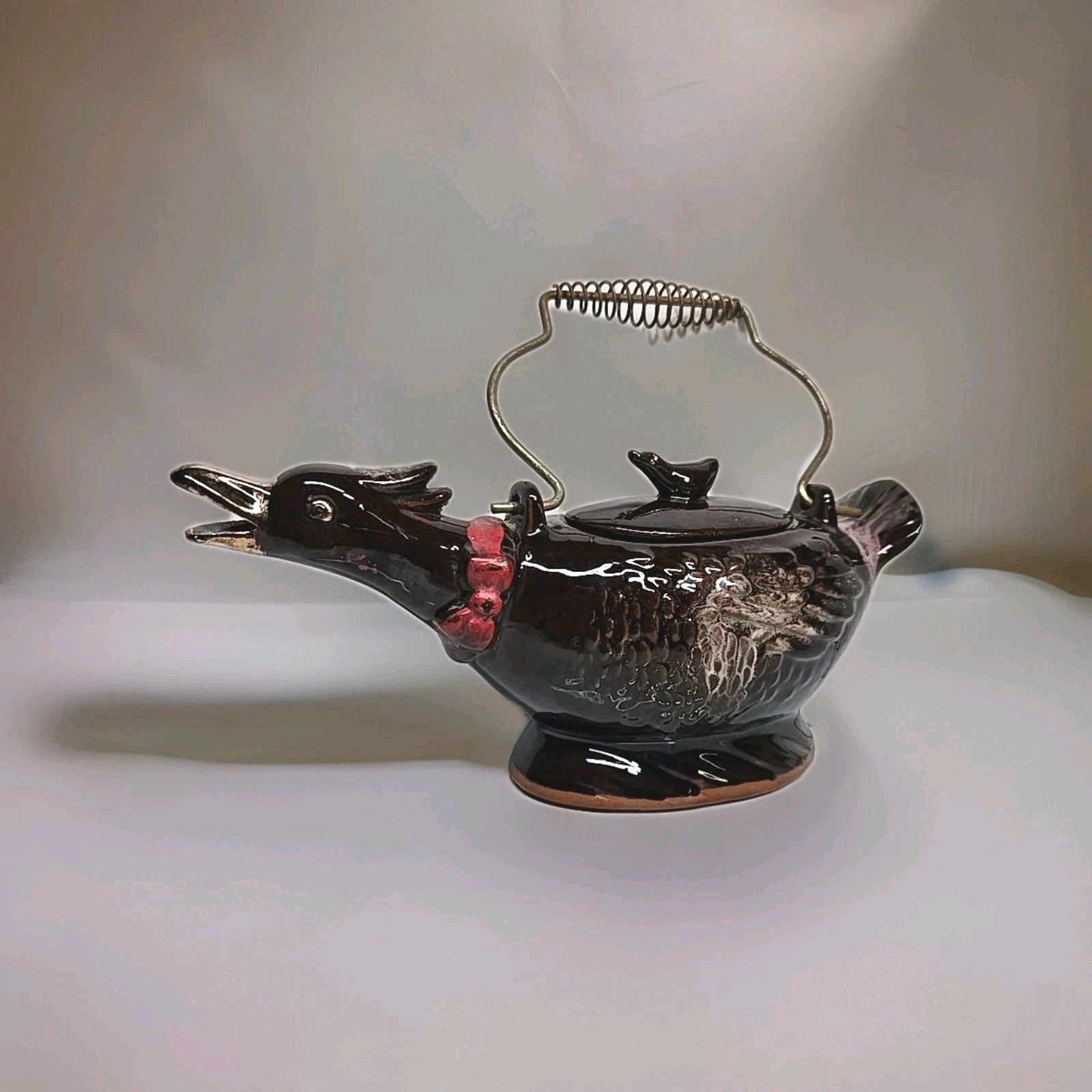Vintage 1950's Redware Bird Shaped Teapot with Metal Spirl Handle 10in Long