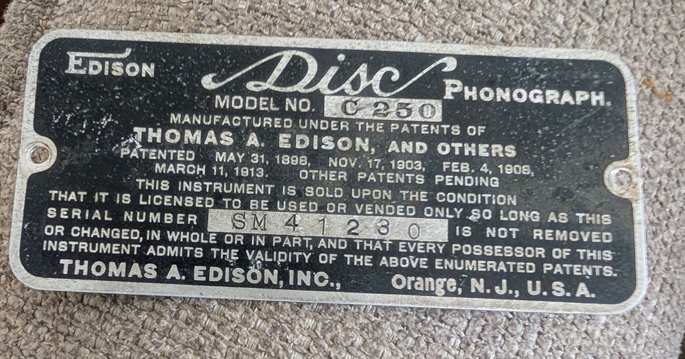 Thomas A. Edison Disc Phonograph Name Plate Model C-250