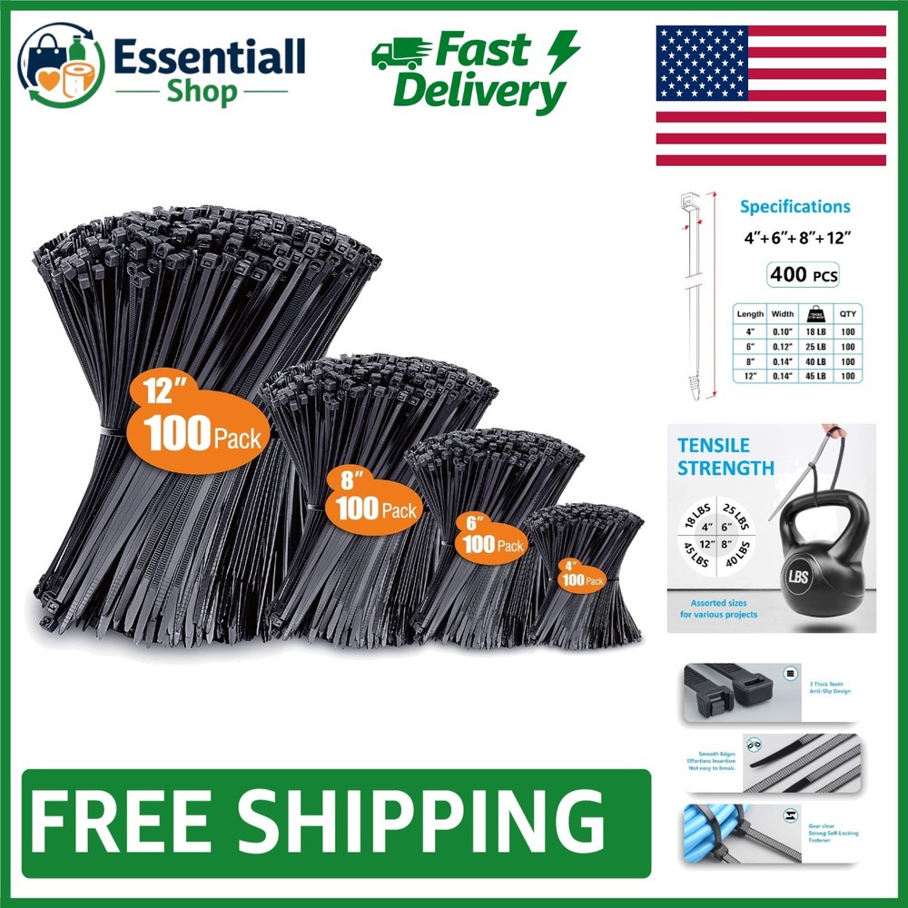 High Strength Nylon Zip Ties, 400 Pack Assorted Sizes - Ideal for Any Project