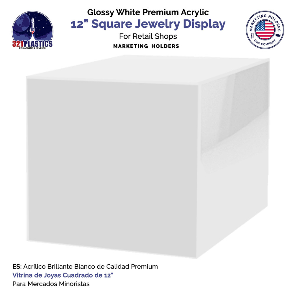 12" Riser Box Glossy White Acrylic Square Product Display Bin One Open Side