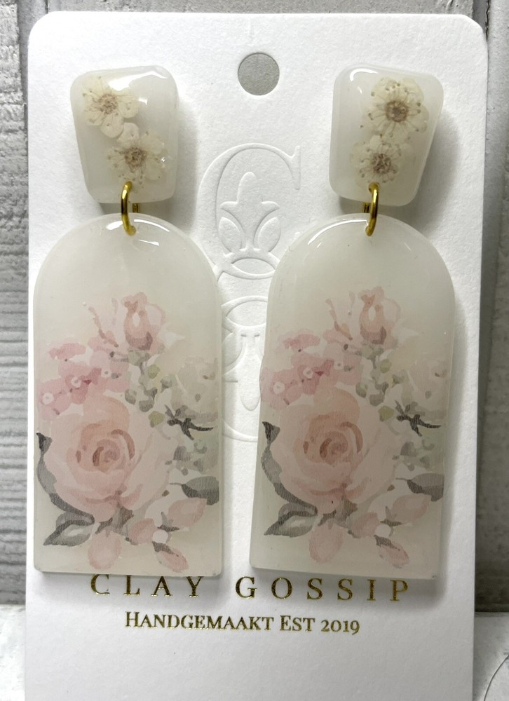 Clay Gossip Floral Dangle / Drop Earrings Post Backing Delicate Design 2.25”