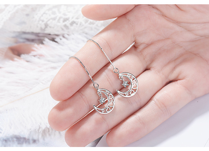 Silver Plated Crescent Moon Star CZ Ear Thread Through Threader Pull Earrings P1