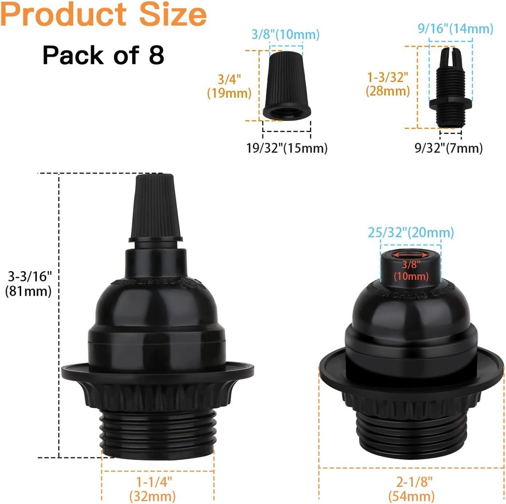 Zevnico 8 Pack E26 E27 Light Sockets, Black Medium Screw Base with Shade Ring...