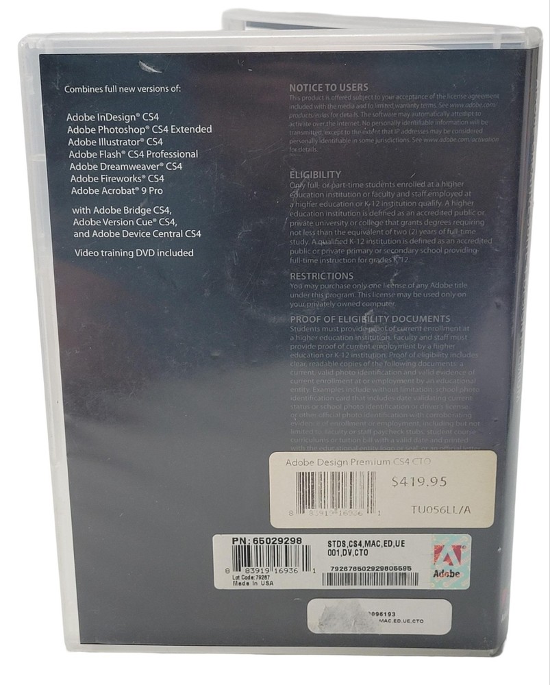 Adobe Creative Suite 4 CS4 Design Premium MAC OS Student Version W/ Product Code
