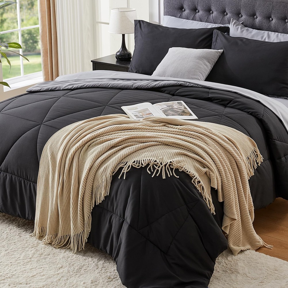 Queen 7 Piece Bedding Set, Soft Reversible Comforter, Microfiber, Black