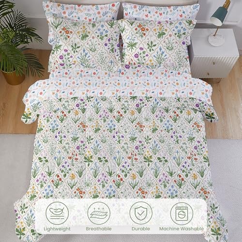 Floral Comforter Set with Sheets, 7 Piece King Flower - Green Patchwork Leaf