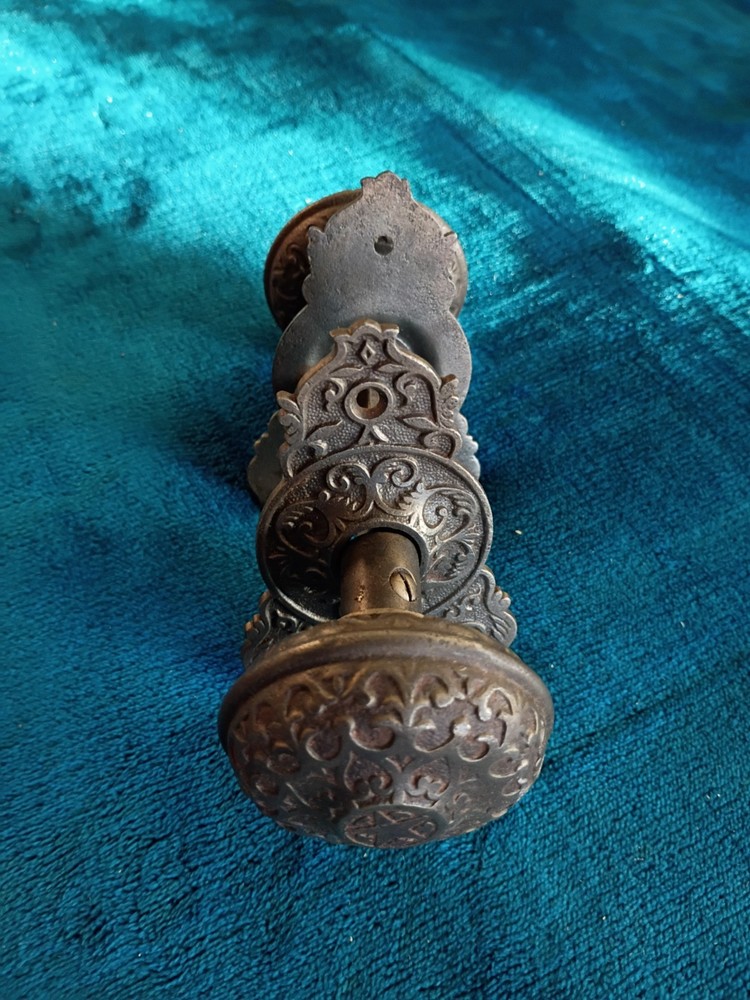 Antique Cast Iron Door Knobs & Back Plates Set .