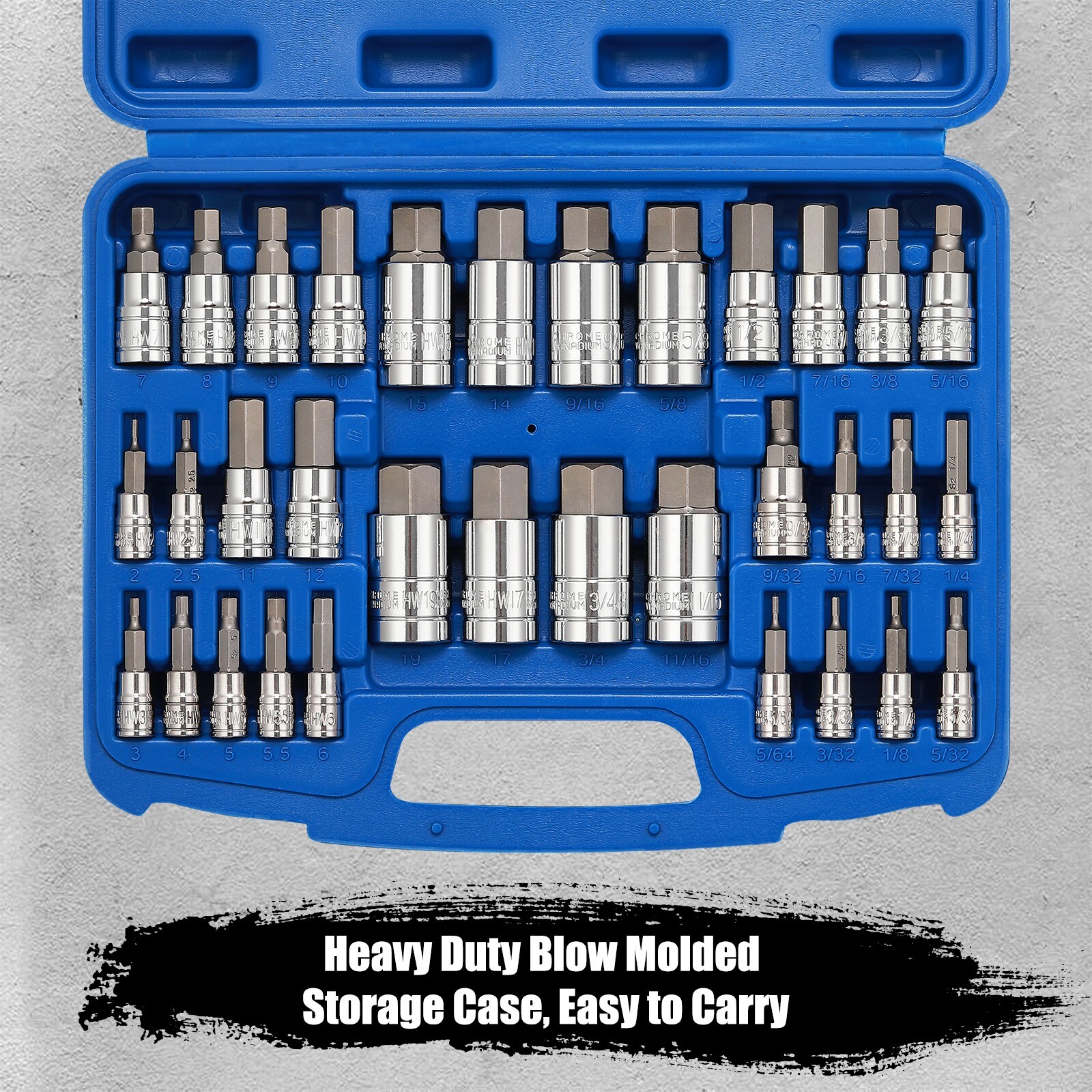 33PCS Hex Bit Socket Set, 1/4", 3/8" and 1/2" Drive, SAE & Metric Allen Socket