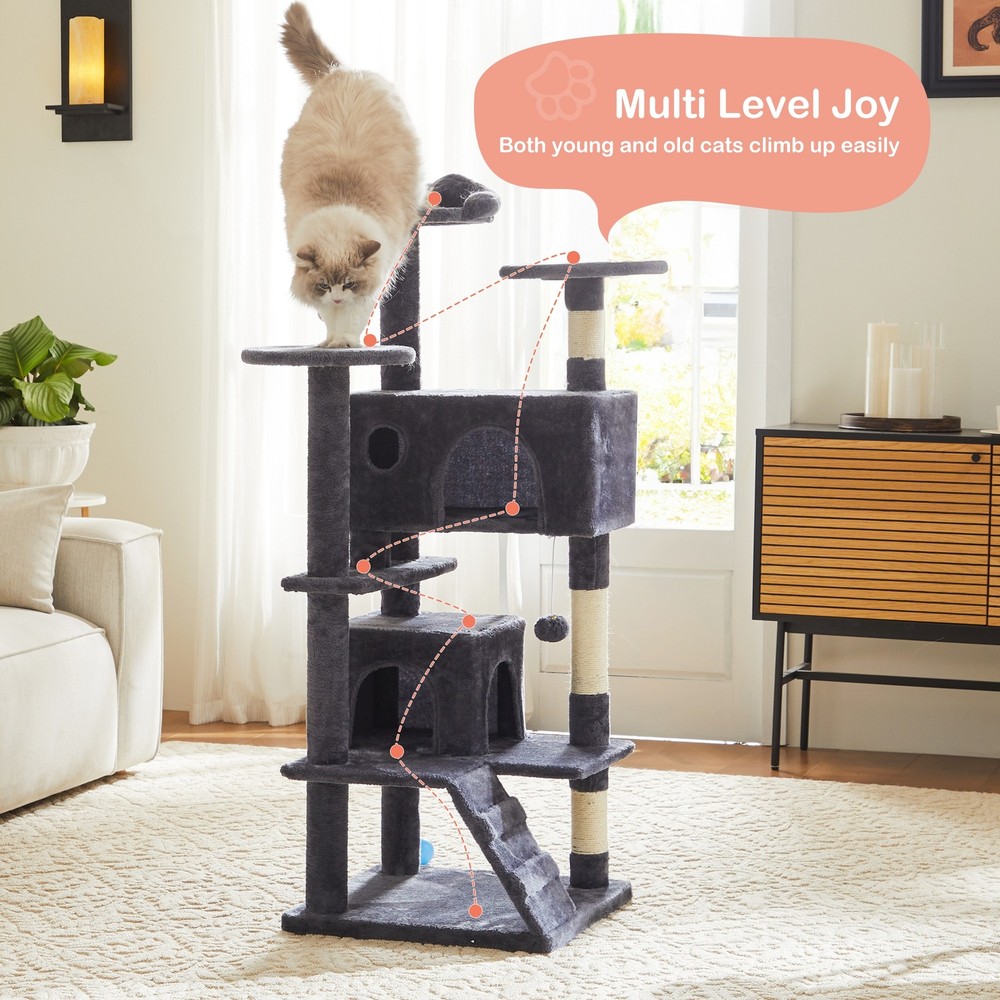 Modern Gray 54" Multi-Level Cat Tree Tower with Scratching Posts and Perches