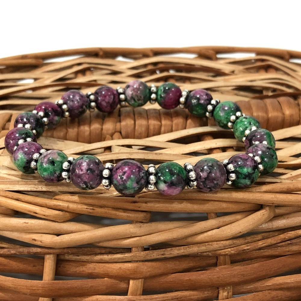 Natural Ruby Zoisite Gemstone Round Beads Chakra Stretchable Charm Bracelet 7.5"