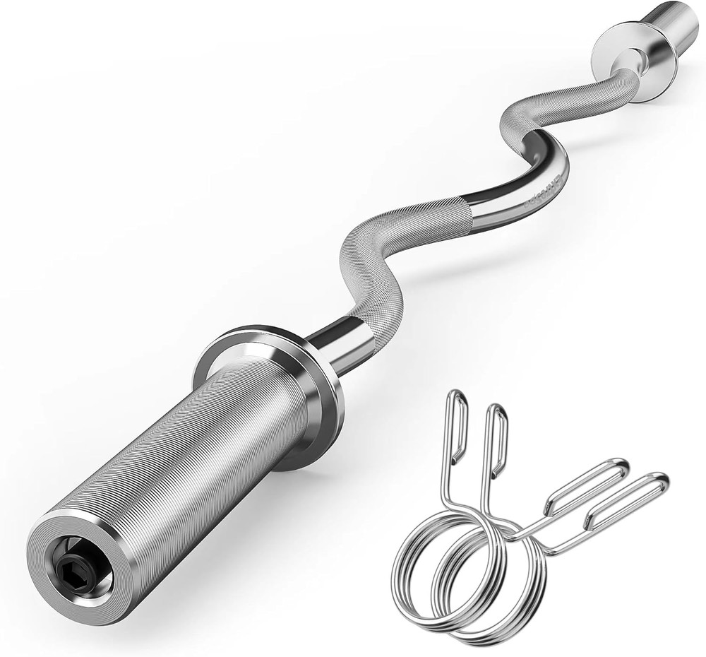 47" Olympic EZ Curl Bar for Weightlifting with 2 Spring Collars
