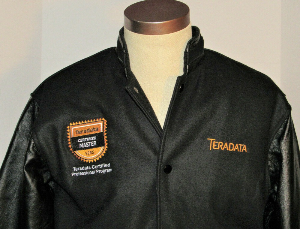 TERADATA 'CERTIFIED MASTER' BLACK WOOL VARSITY JACKET! LEATHER SLEEVES! NWT! S