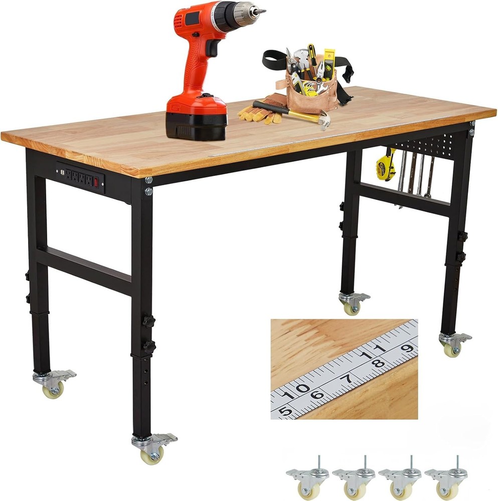 Rolling Adjustable Workbench with Pegboard Scale Solid Oak Top Garage Table