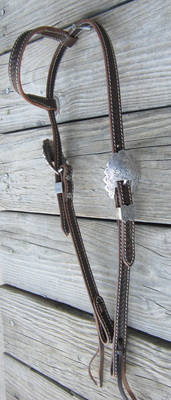 West 74 Dark Brown Leather 5/8" One Ear 2 Piece Engraved Nickel Buckle Headstall