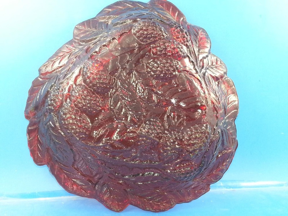 Vintage Ruby Red Carnival Glass Bowl Grape & Leaf Pattern Iridescent Scallop 7"