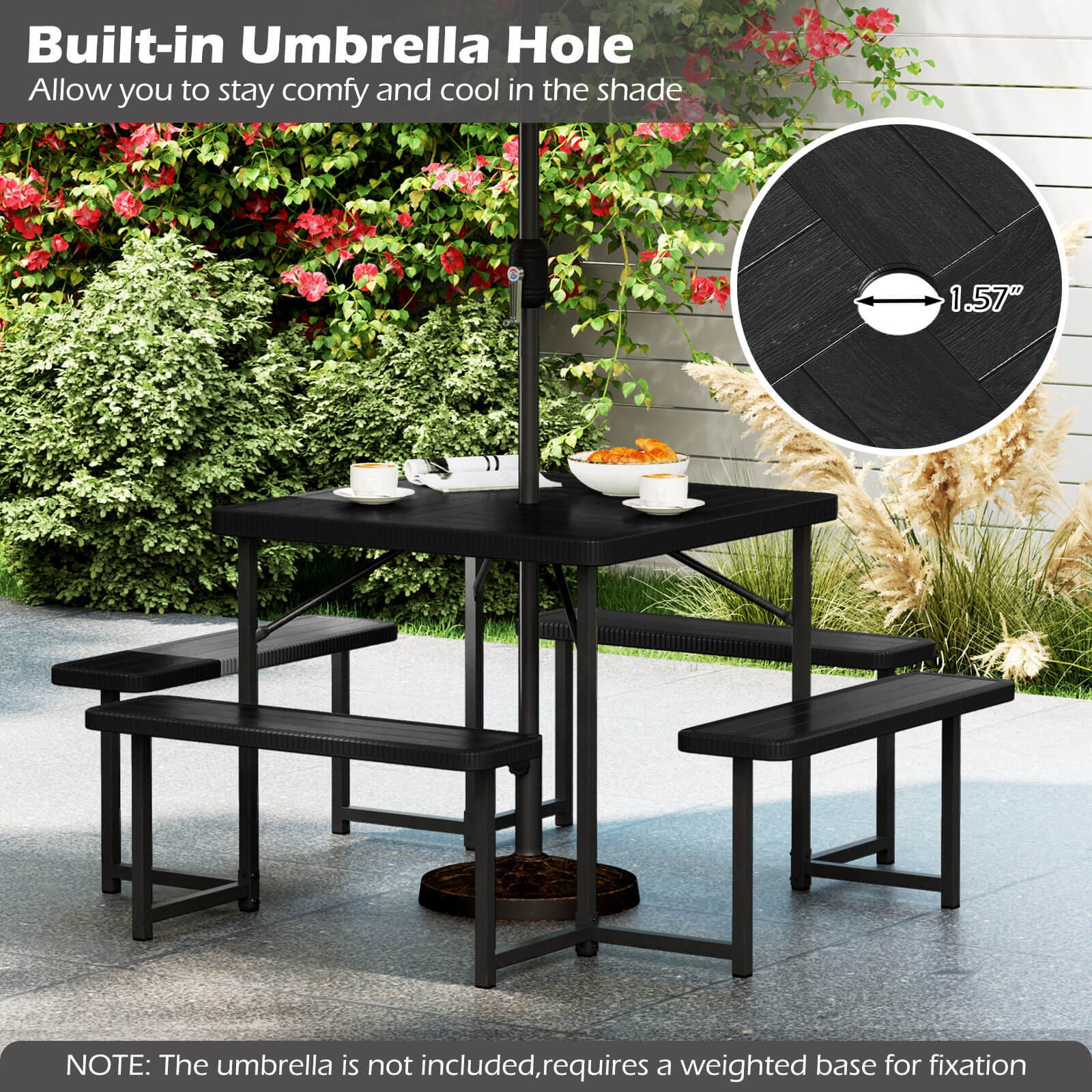 Picnic Table Bench Set for 4-8 People w/ Umbrella Hole All-Weather HDPE Tabletop