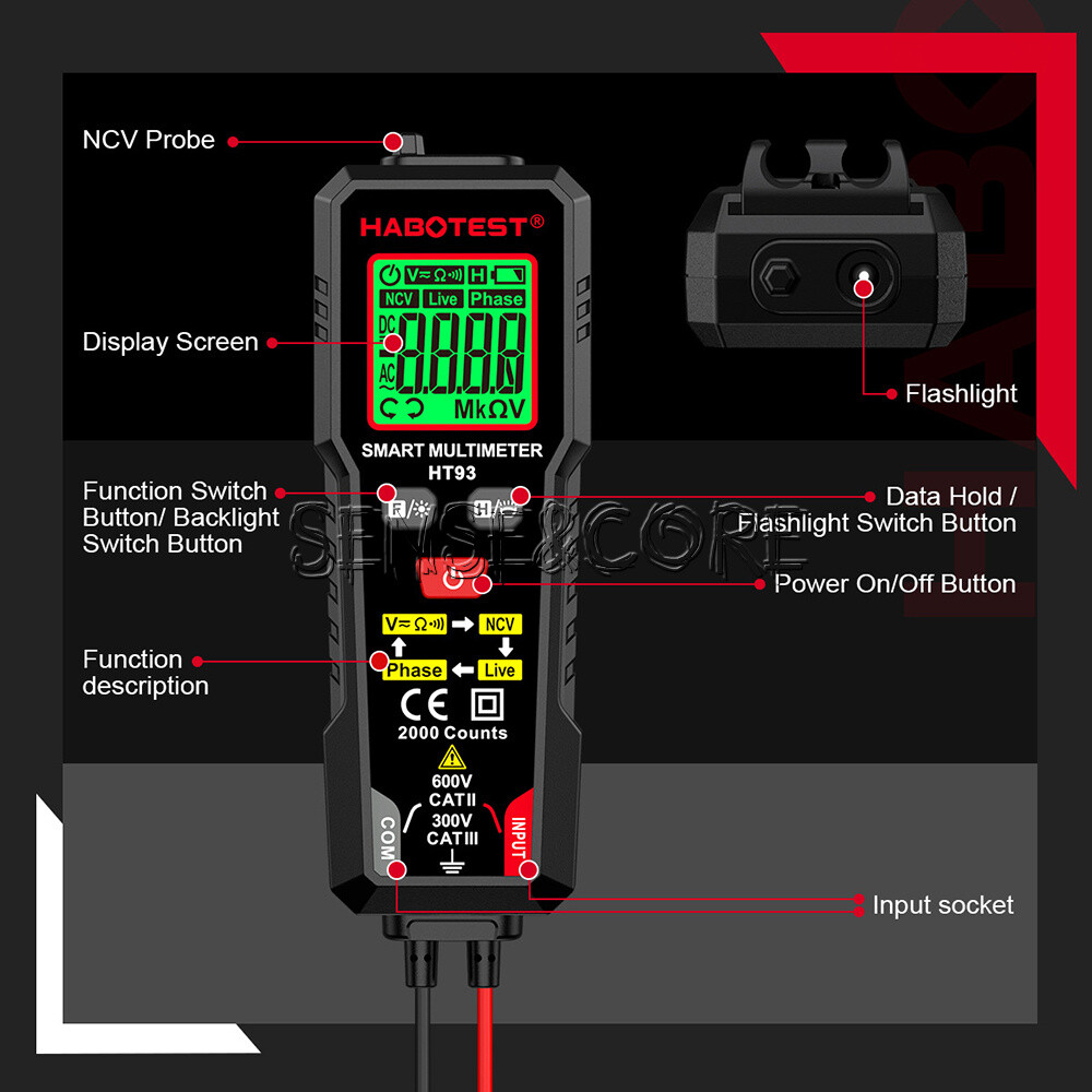 HT93 Digital Multimeter Smart Meter 2000 Counts AC Voltage NCV Tester Car Range-