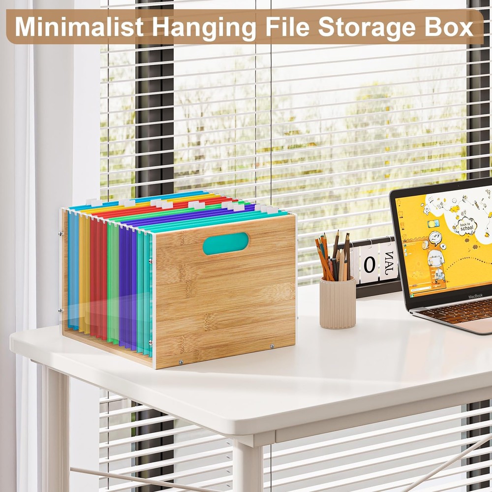 Clear Acrylic File Box Organizer, Bamboo Hanging Folder Storage Boxes, Filing