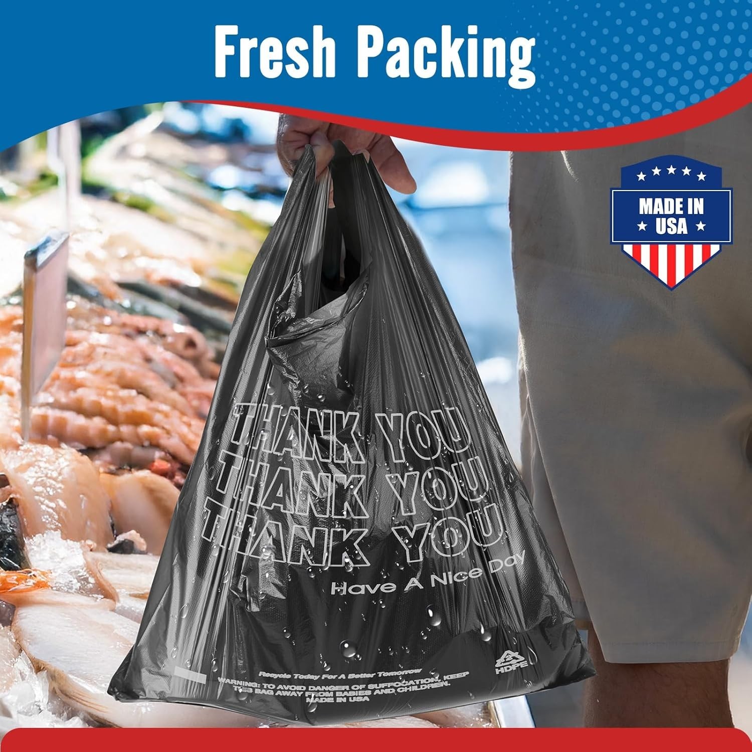 1000 Black Thank You T-Shirt Bags 12" x 6.5" x 21" Plastic Grocery Shopping Bags