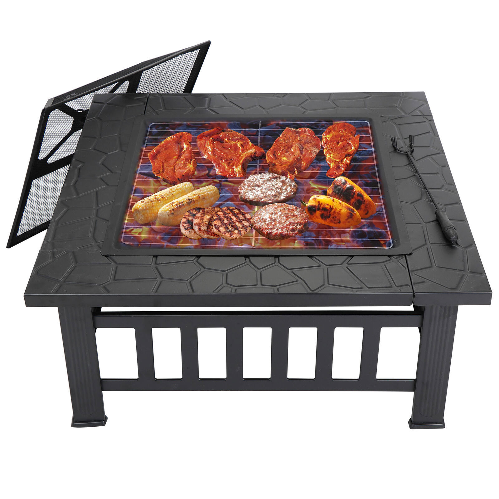 32" Fire Pit Square Metal Firepit Backyard Patio Garden Stove W/Cover Outdoor