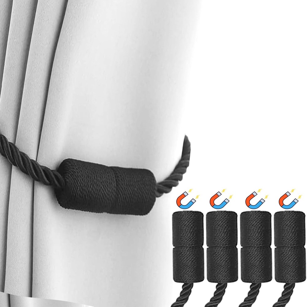 4 Pack Black Magnetic Curtain Tiebacks - Decorative Holdbacks for Wall Drapes, C