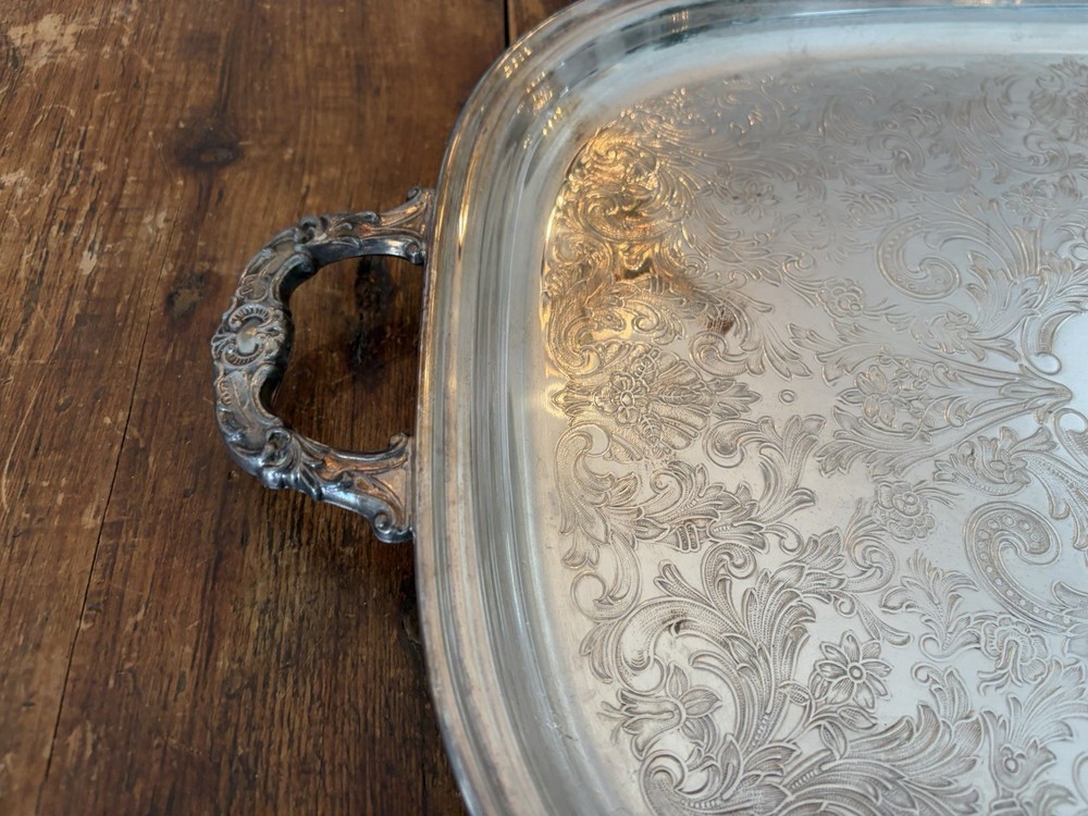 Vintage Silver Tone Embossed Tray With Handles 20x14