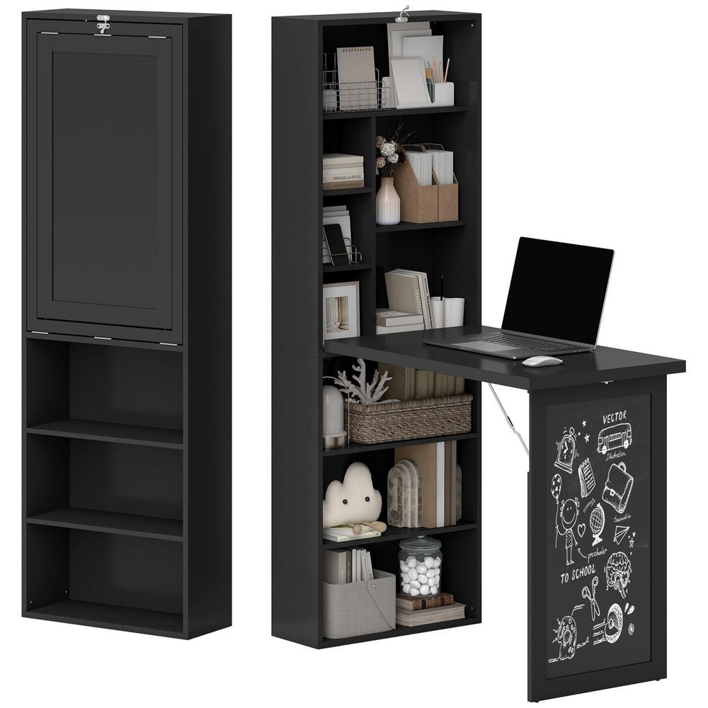 Convertible Desk with Chalkboard & Shelf Multi-Use Computer Workstation, Black