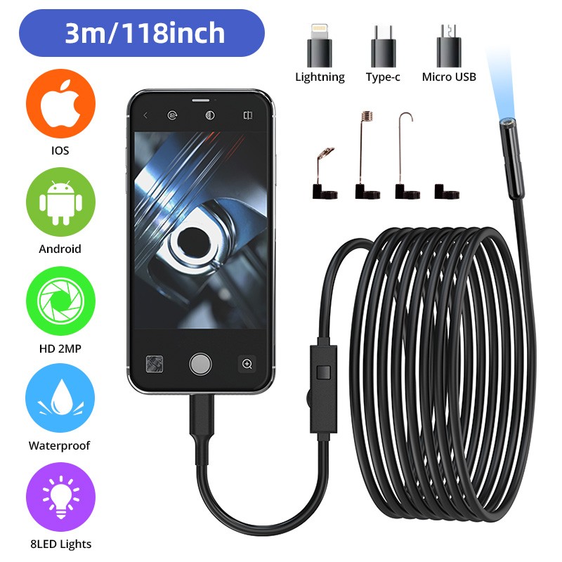 9.9FT 8LED Borescope Endoscope Snake Inspection Camera for iPhone Android iOS